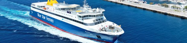 The conventional ferry Blue Star Paros arriving in the port of Tourlos in Mykonos
