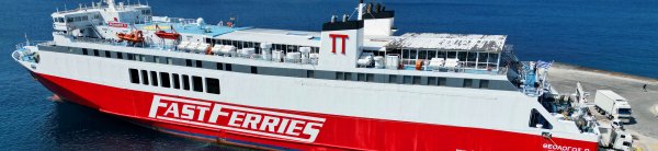 The conventional ferry Theologos P by Fast Ferry in the port of Mykonos